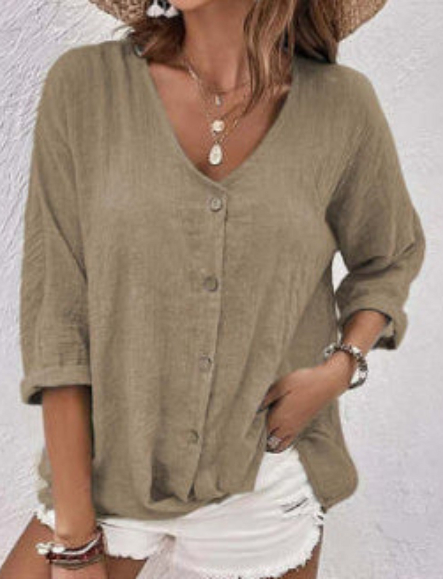 V-neck Long-sleeved T-shirt Fashion Solid Color Button Top Casual Loose Clothing For Women