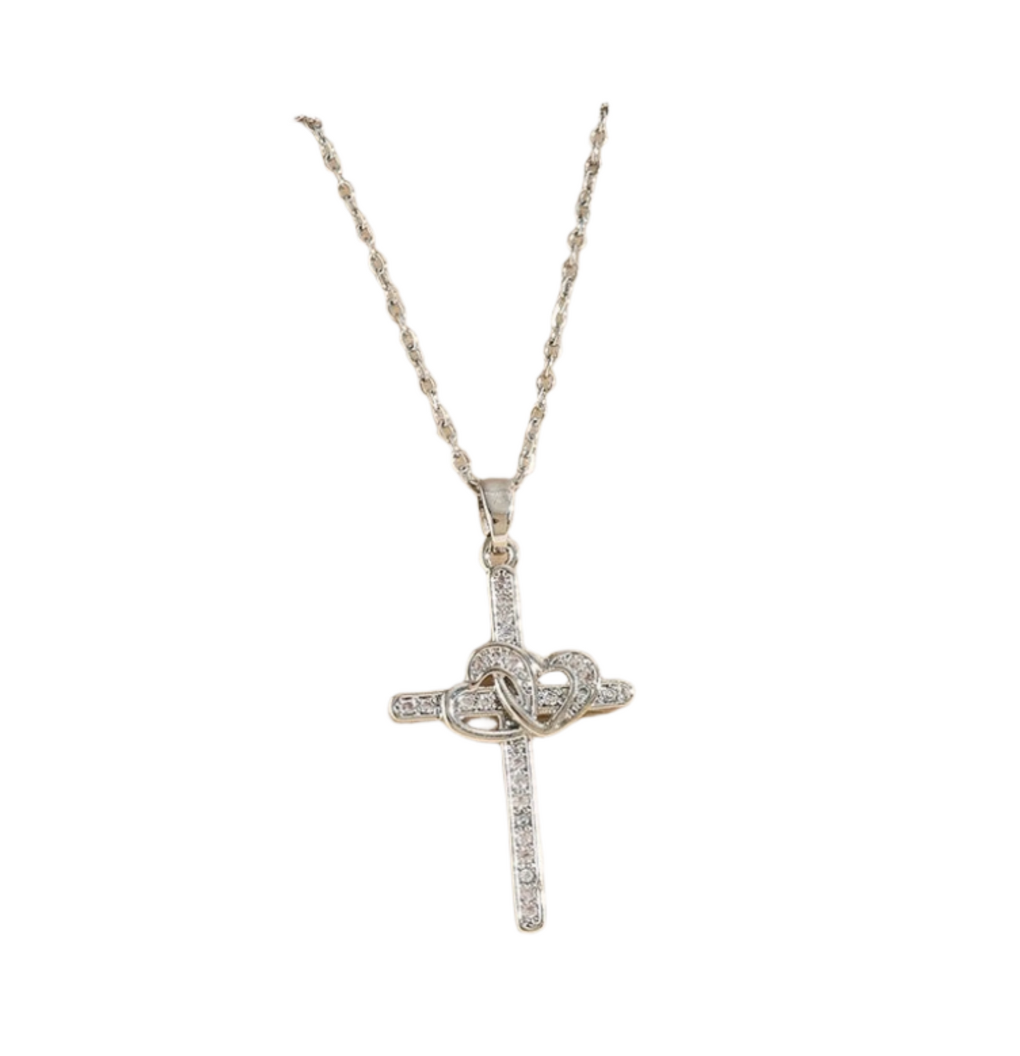 Cross Double Ring Love Heart Surrounded Zircon Pendant Necklace Valentines Day Gift