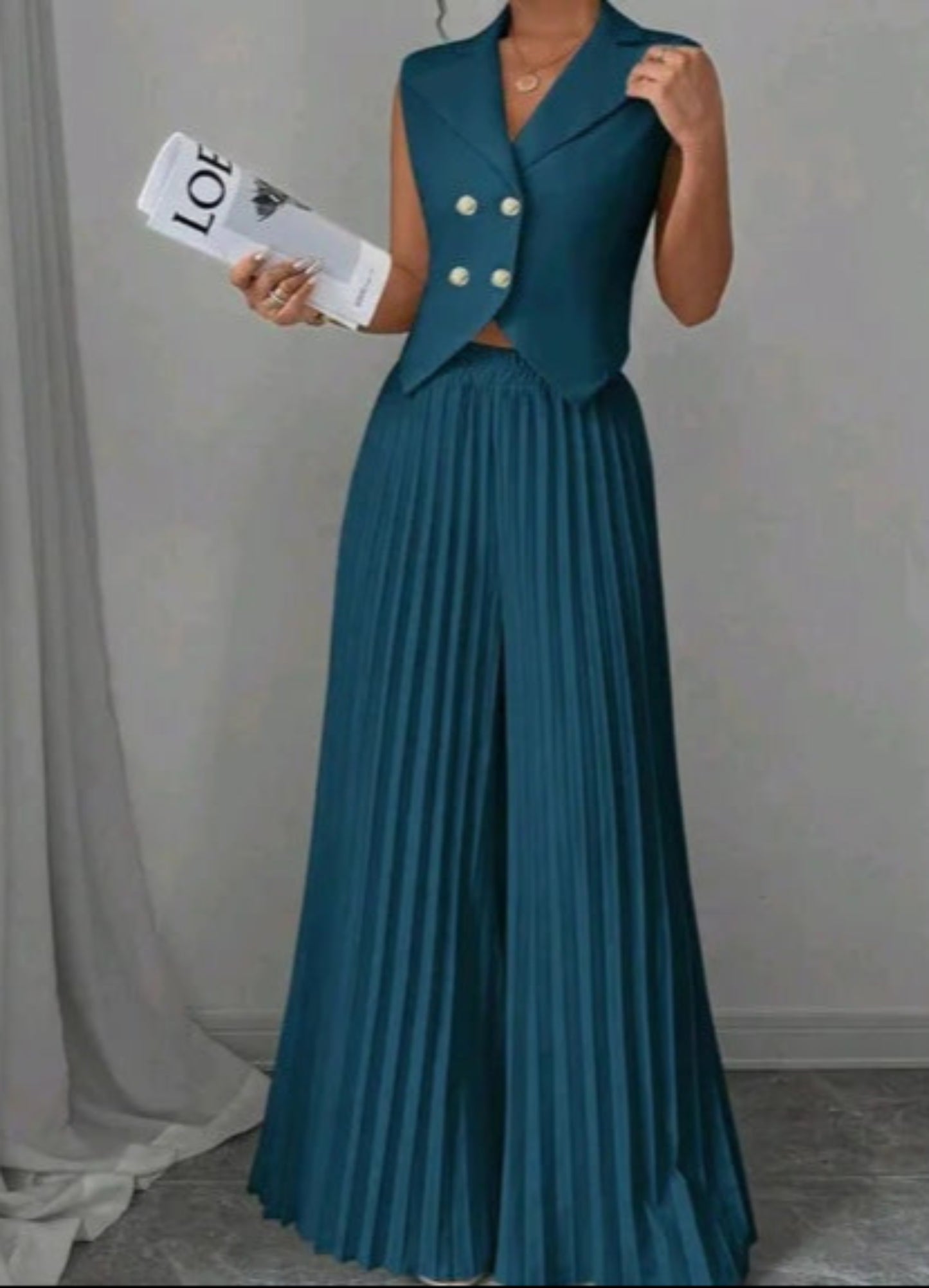 Summer Sleeveless Suit Fashion Lapel Button Vest Top And Pleated Straight Pants Women's Trousers Set Clothing