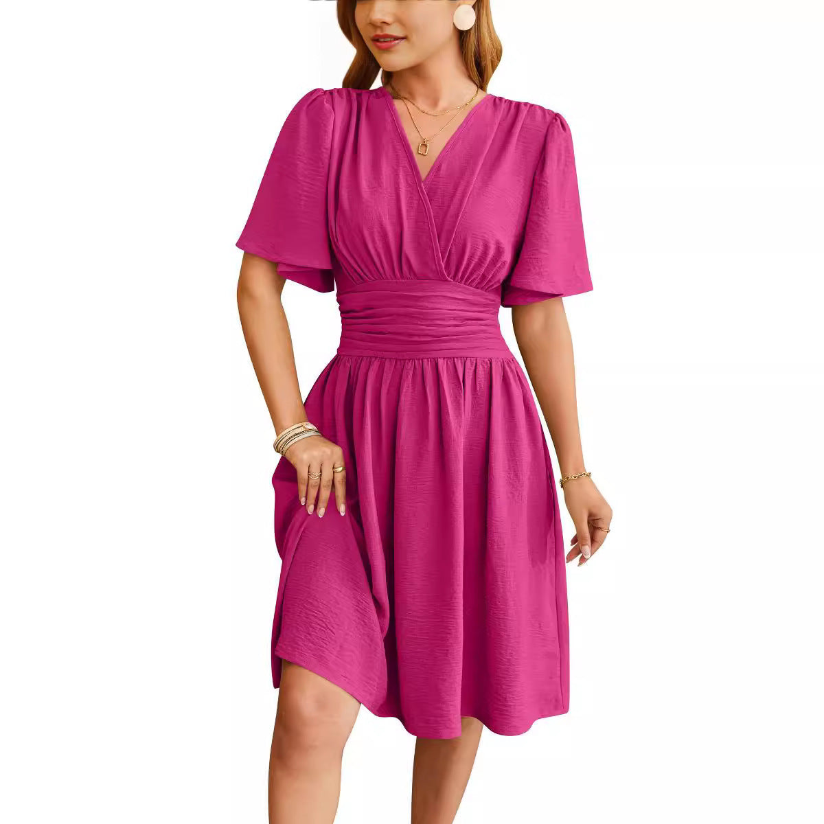V-neck Fitted Waist Flare-sleeve Fashion Dress Women