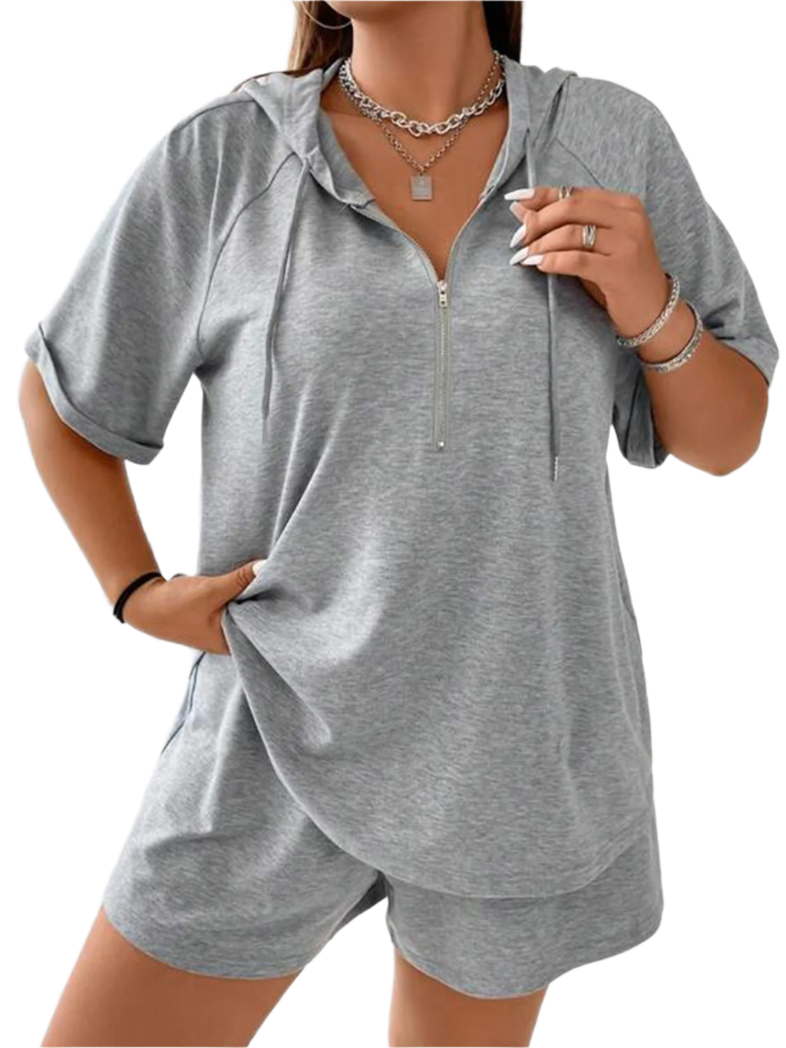 Full Size Drawstring Half Zip Hooded Top and Shorts Set Plus Size