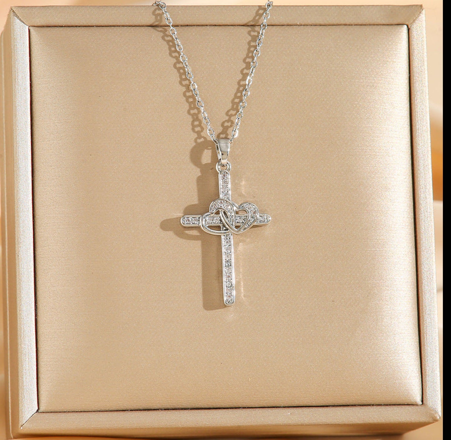 Cross Double Ring Love Heart Surrounded Zircon Pendant Necklace Valentines Day Gift