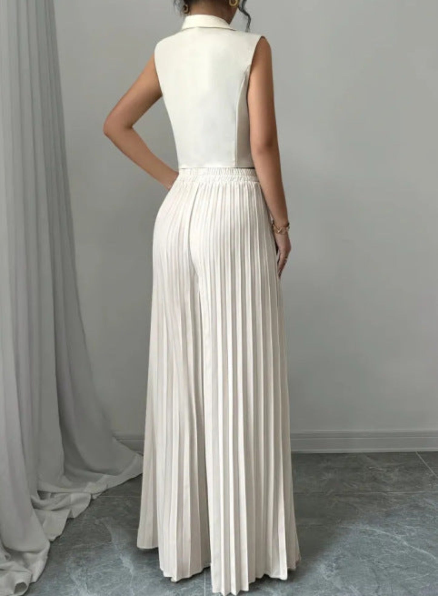 Summer Sleeveless Suit Fashion Lapel Button Vest Top And Pleated Straight Pants Women's Trousers Set Clothing