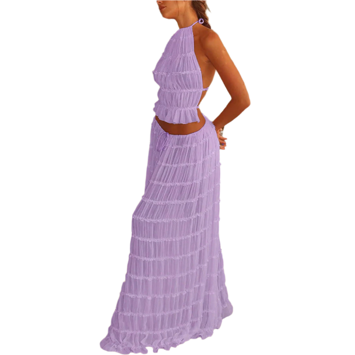 2pcs Women's Dress Suit Sexy Sleeveless Backless Cropped Halter Top And Pleated Long Skirt Beach Clothing