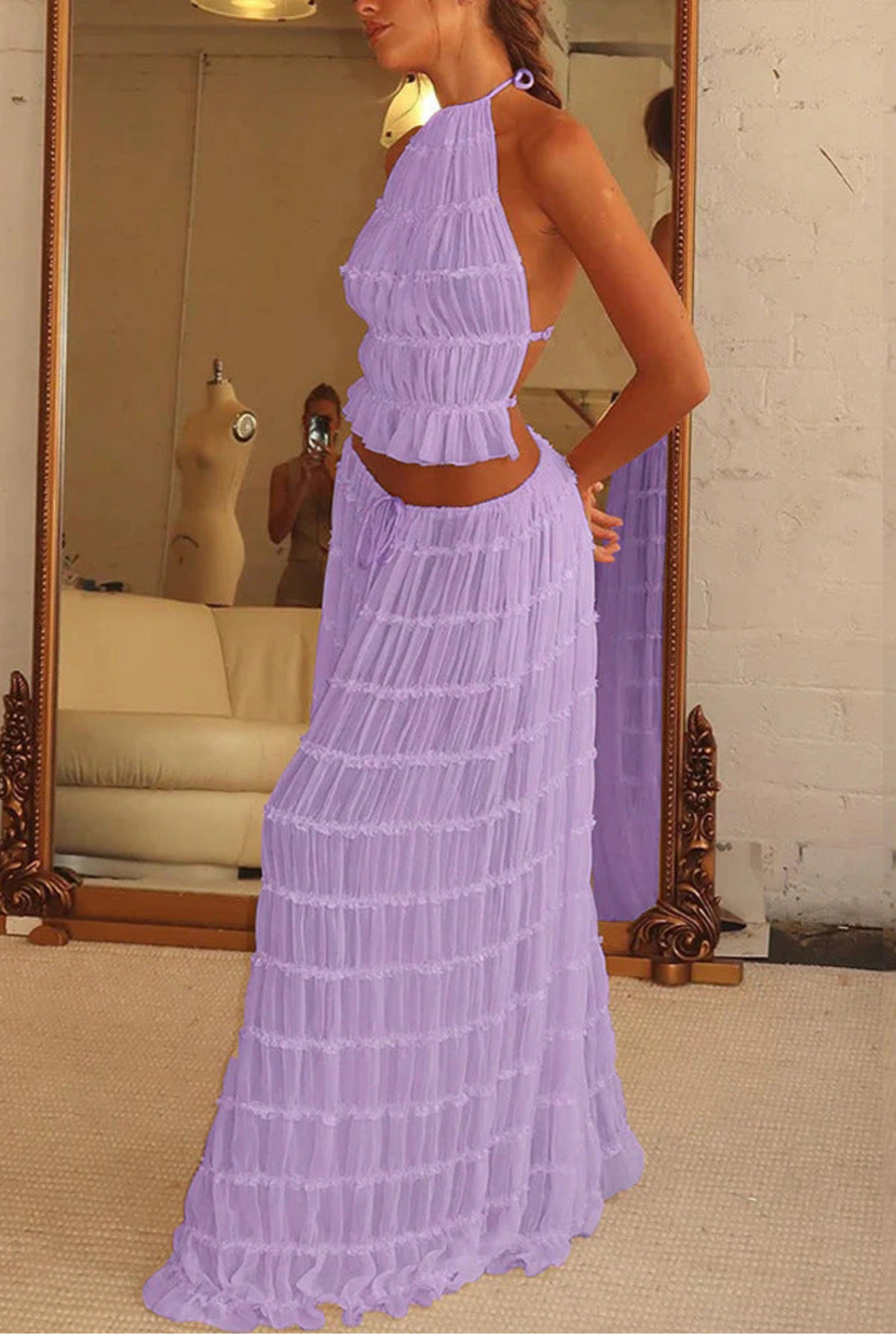 2pcs Women's Dress Suit Sexy Sleeveless Backless Cropped Halter Top And Pleated Long Skirt Beach Clothing