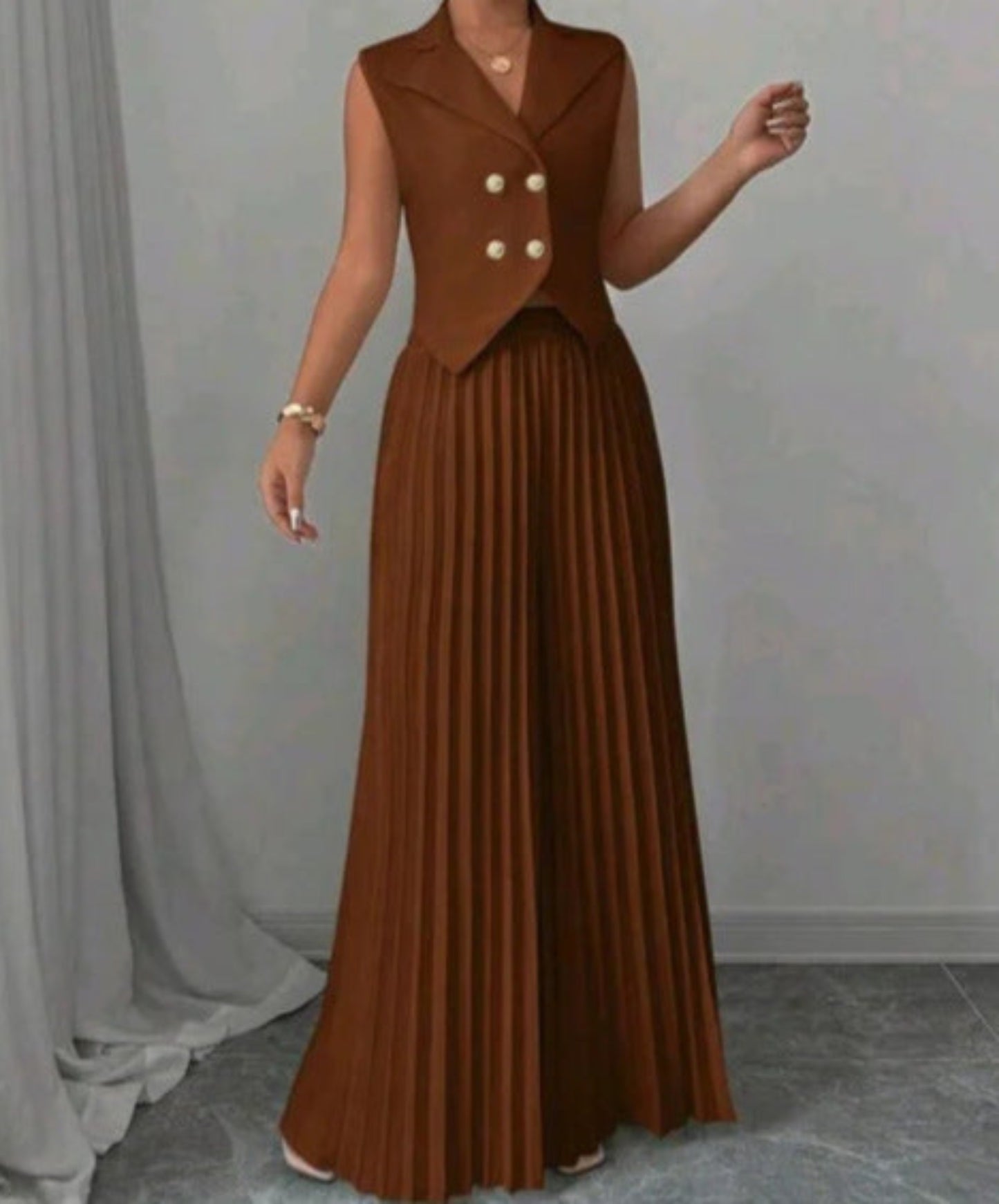 Summer Sleeveless Suit Fashion Lapel Button Vest Top And Pleated Straight Pants Women's Trousers Set Clothing