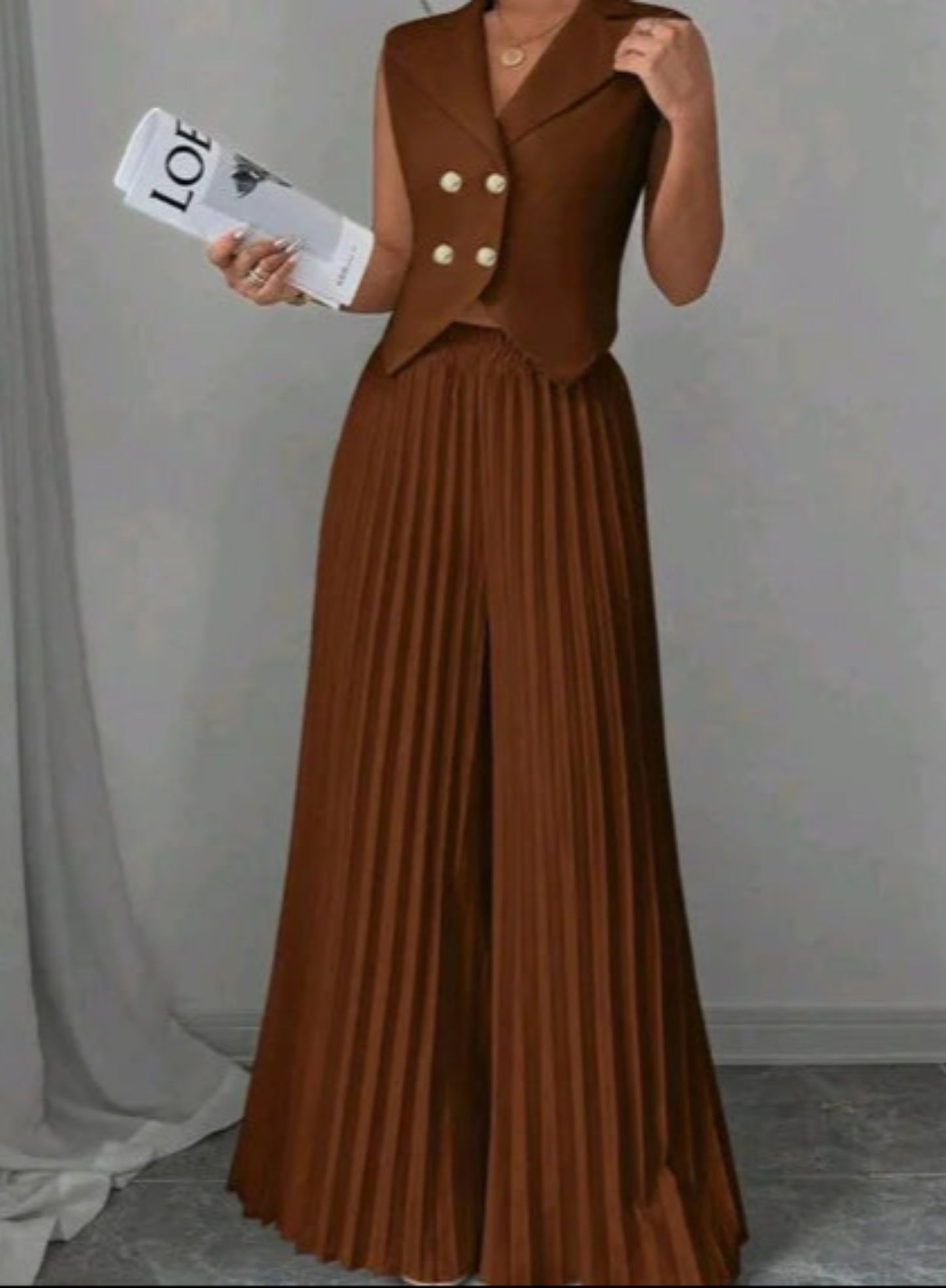Summer Sleeveless Suit Fashion Lapel Button Vest Top And Pleated Straight Pants Women's Trousers Set Clothing