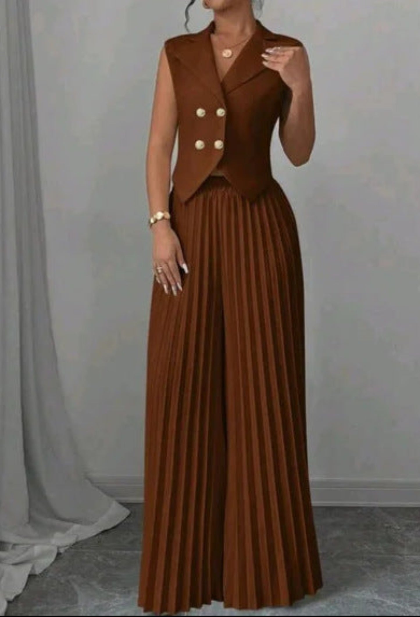 Summer Sleeveless Suit Fashion Lapel Button Vest Top And Pleated Straight Pants Women's Trousers Set Clothing