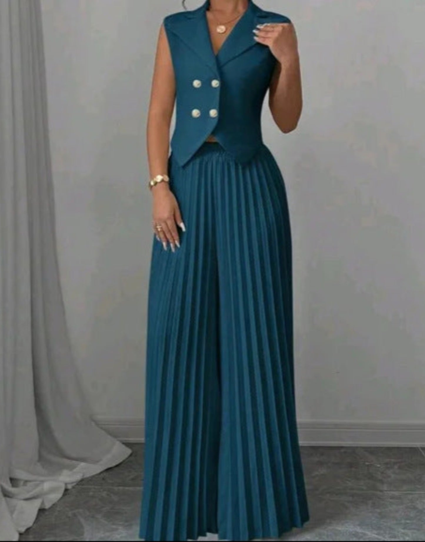 Summer Sleeveless Suit Fashion Lapel Button Vest Top And Pleated Straight Pants Women's Trousers Set Clothing