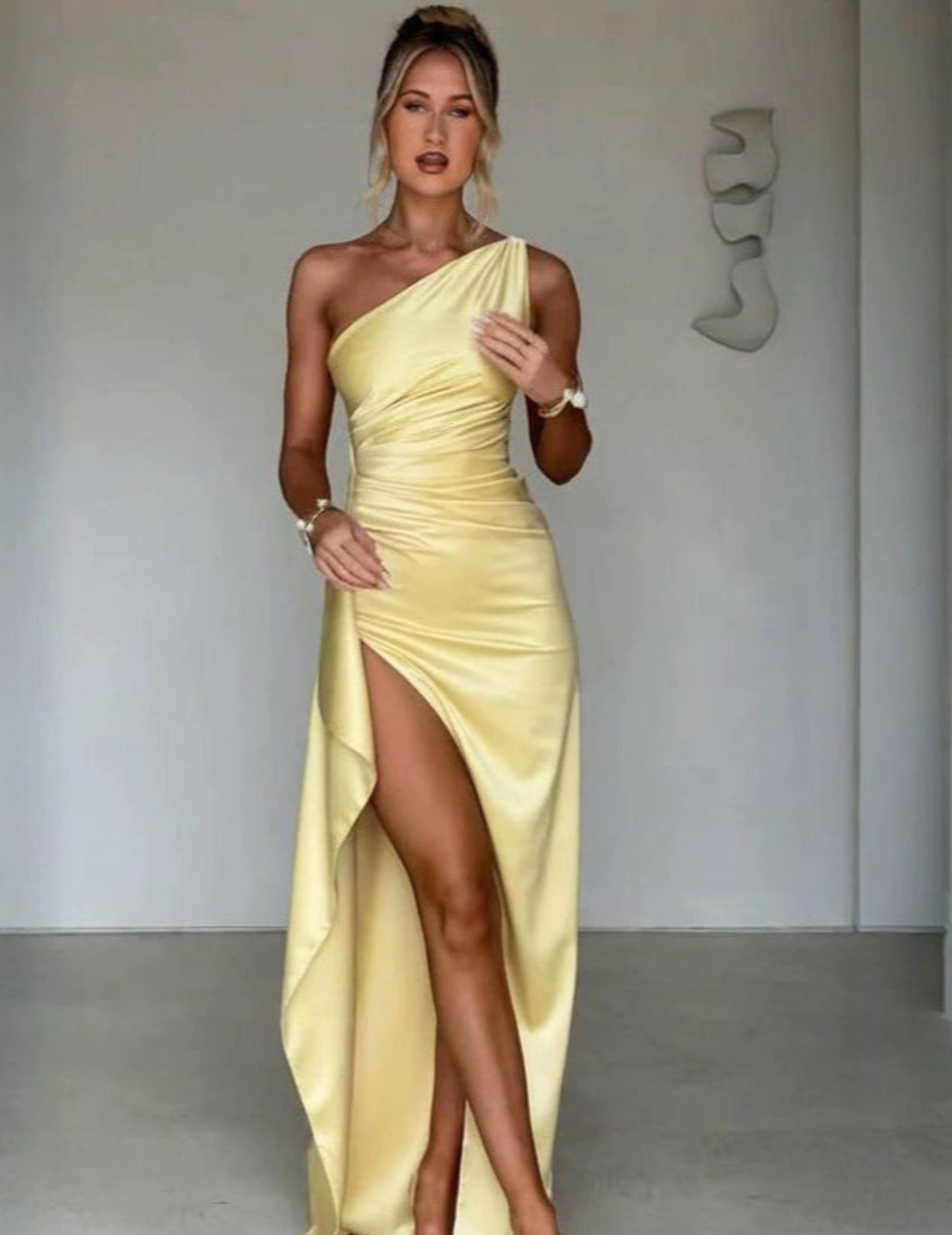 Sexy One-shoulder Backless Slit Dress Summer Elegant Slim-fit Solid Color Satin Dresses For Women