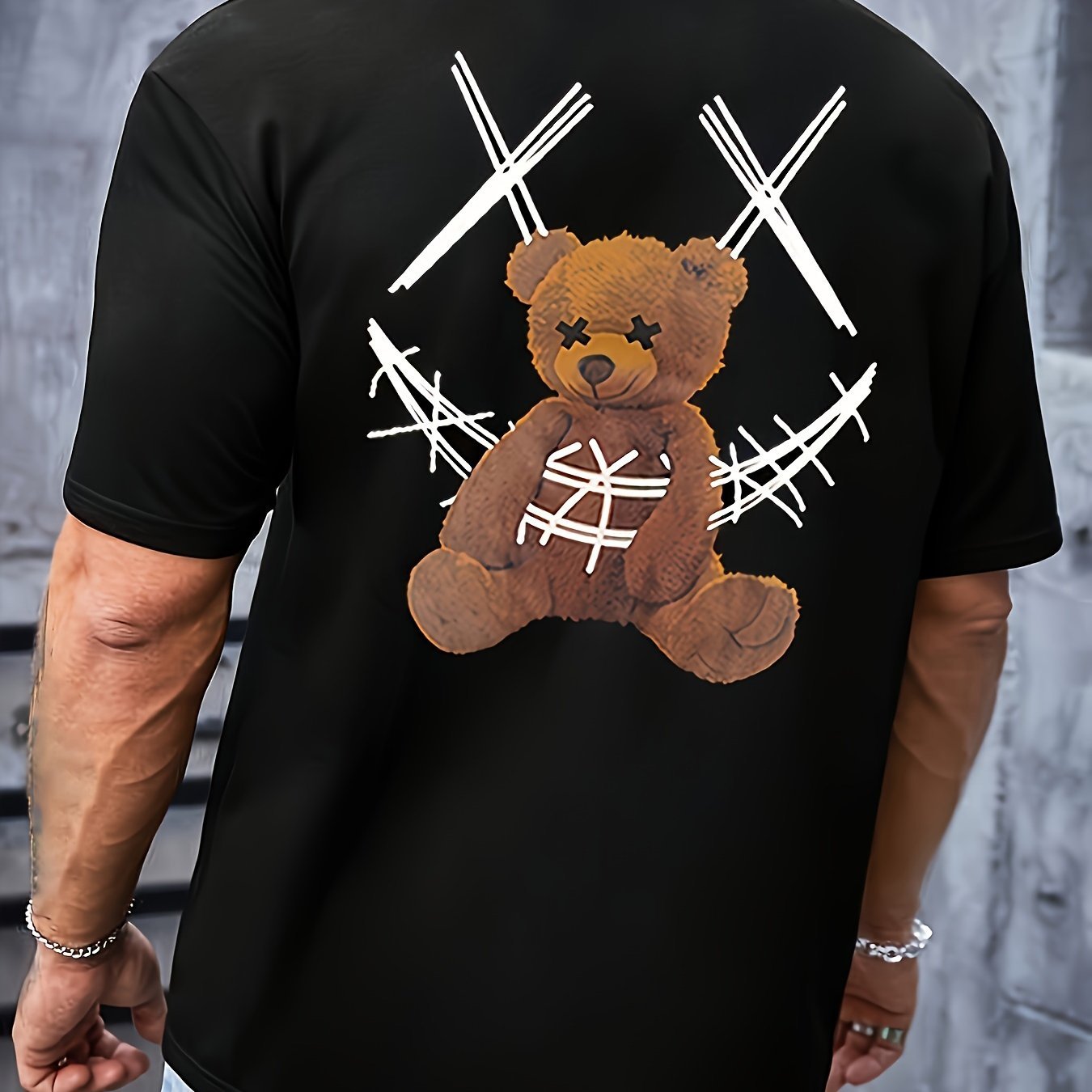 Men's Bear Print T-shirt, Casual Short Sleeved Round Neck T-shirt, Outdoor Men's Clothing