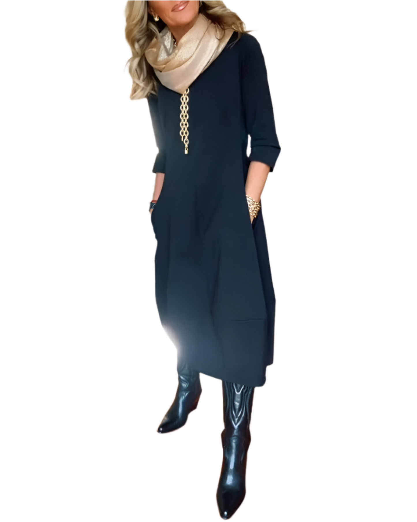 Autumn And Winter New All-matching Solid Color Loose Round-neck Long-sleeved Dress Women