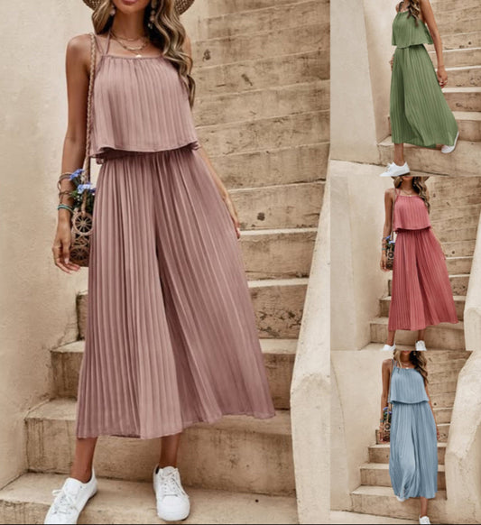 Women's Summer Solid Color Vacation Loose Suit Strap Backless Thin Romper Streetwear INS One-Piece Outfit Beach Style Striped Wide Leg Trousers Casual Suit
