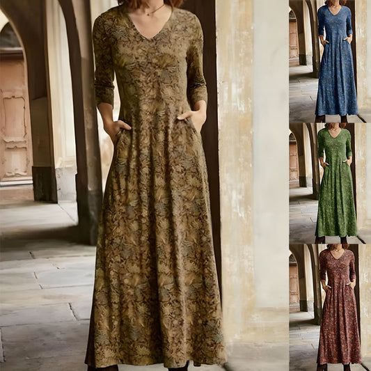 Women's Cotton Printed V-neck Pocket Long Sleeved Dress