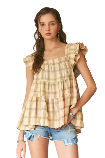 ADORA Ruffled Square Neck Cap Sleeve Babydoll Blouse