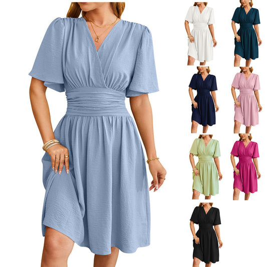 V-neck Fitted Waist Flare-sleeve Fashion Dress Women