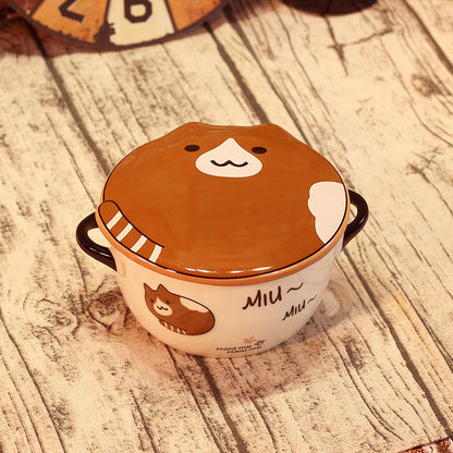 Kawaii Japanese Cat Bowl High Capacity Spoon with Lid Ceramics Instant Noodle Bowl Young Girl Dorm Room Student Office Bowls Mug