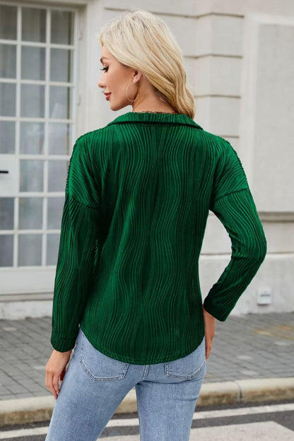 Texture Collared Neck Long Sleeve Blouse