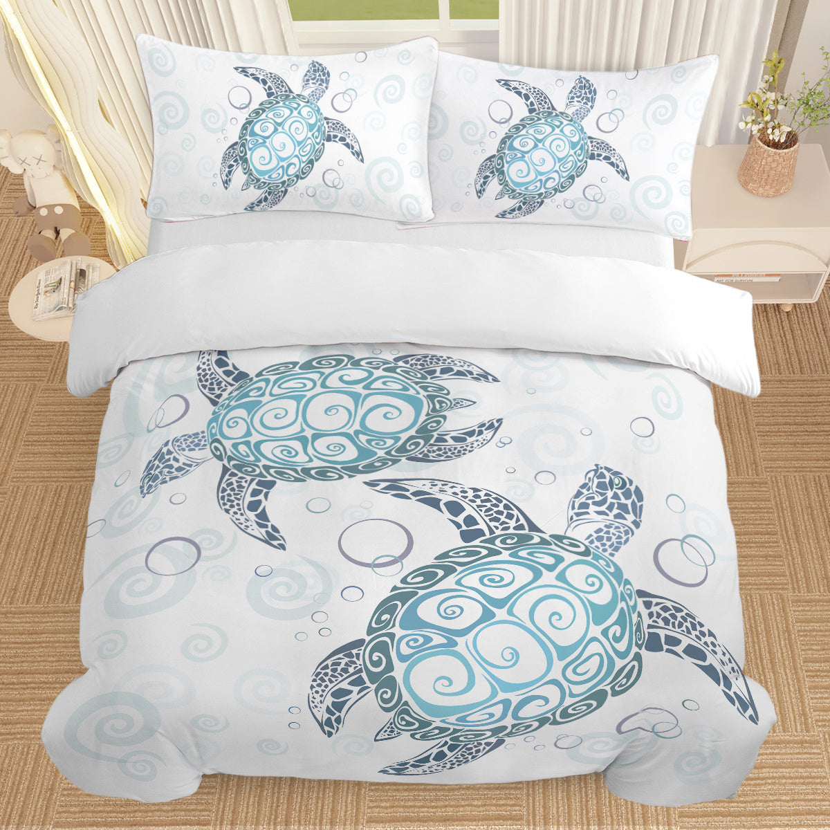 Three Piece Self-produced Bedding Set ,duvet Cover, Pillowcase Back White, Ten Grid Turtle, American Small Size