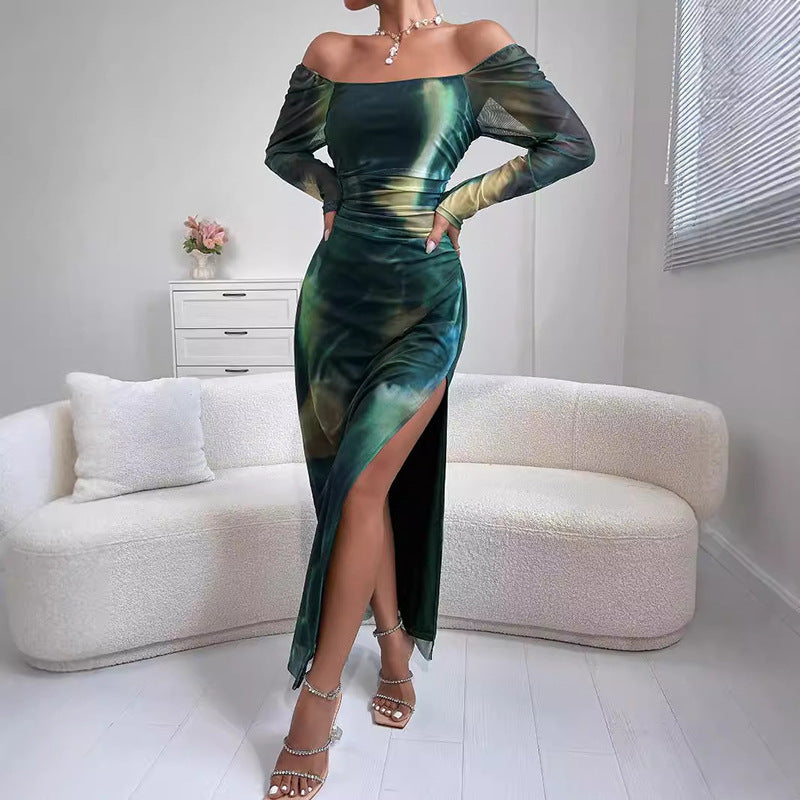 Women's European And American Fashion Tight Split Off-shoulder Dress