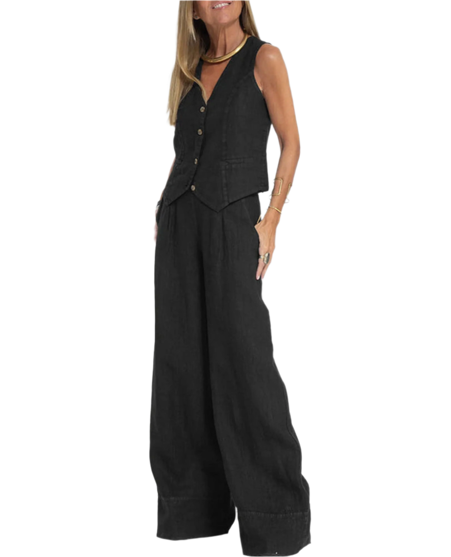 Summer Vest Suits V-neck Botton Sleeveless Top And Loose Straight Trousers Casual Womens Clothing