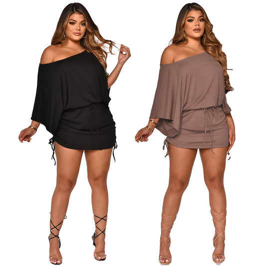 Autumn And Winter Bag Hip One Shoulder Dolman Sleeve Smocked Dress