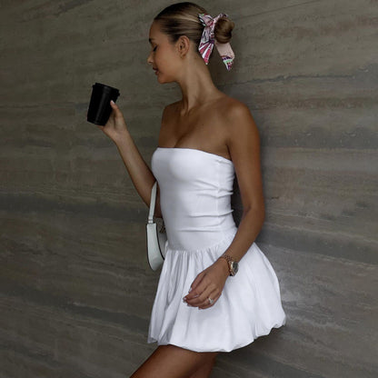 Solid Color Waist Tube Top Dress Women