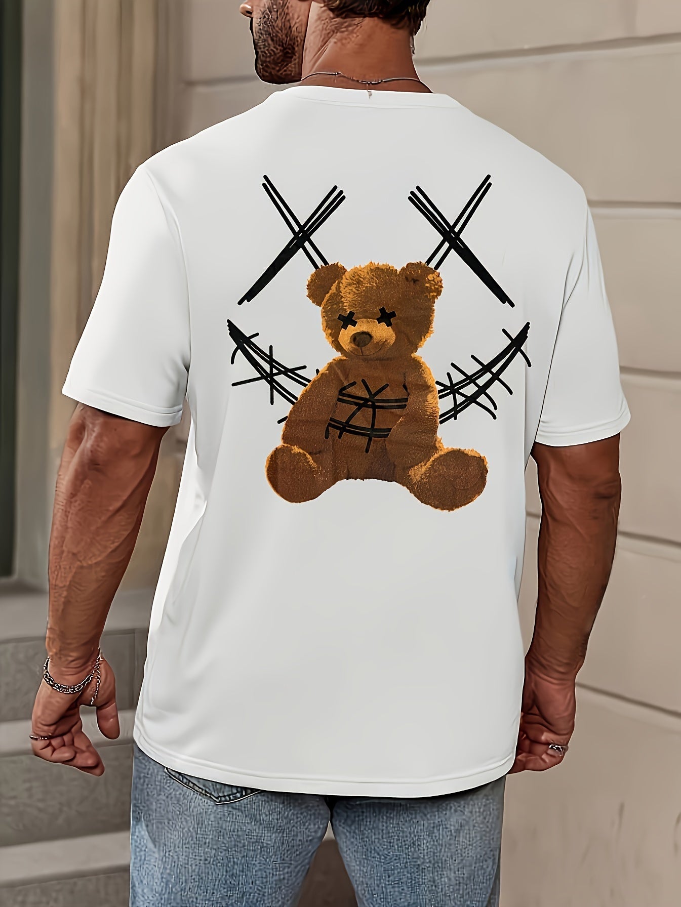 Men's Bear Print T-shirt, Casual Short Sleeved Round Neck T-shirt, Outdoor Men's Clothing