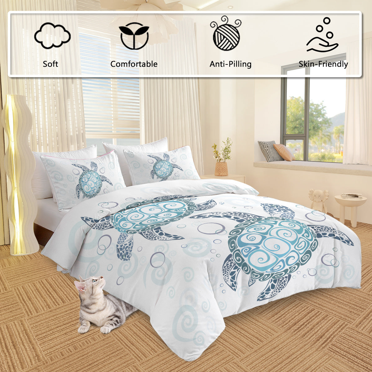 Three Piece Self-produced Bedding Set ,duvet Cover, Pillowcase Back White, Ten Grid Turtle, American Small Size