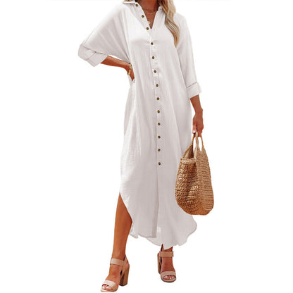 Women's Cardigan Breasted Solid Long Sleeve Dress
