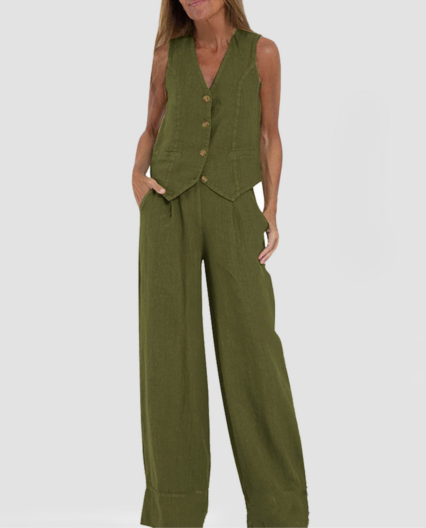 Summer Vest Suits V-neck Botton Sleeveless Top And Loose Straight Trousers Casual Womens Clothing