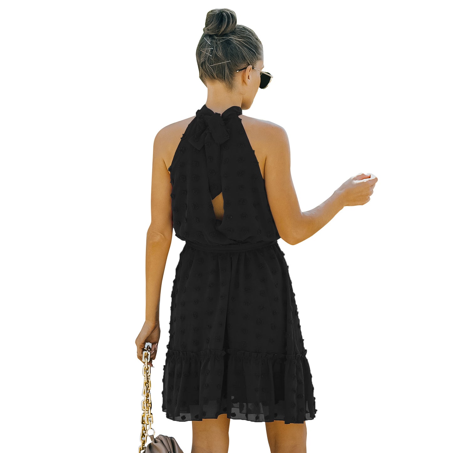 Jacquard Cutout Skirt Halterneck Chiffon Dress