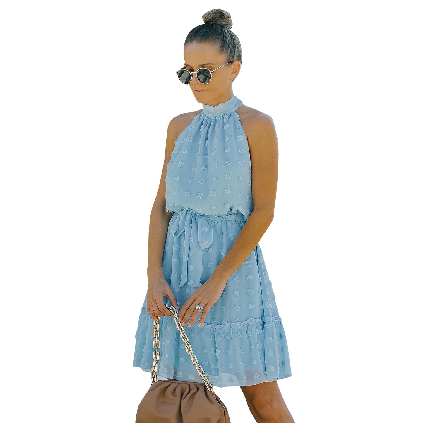 Jacquard Cutout Skirt Halterneck Chiffon Dress