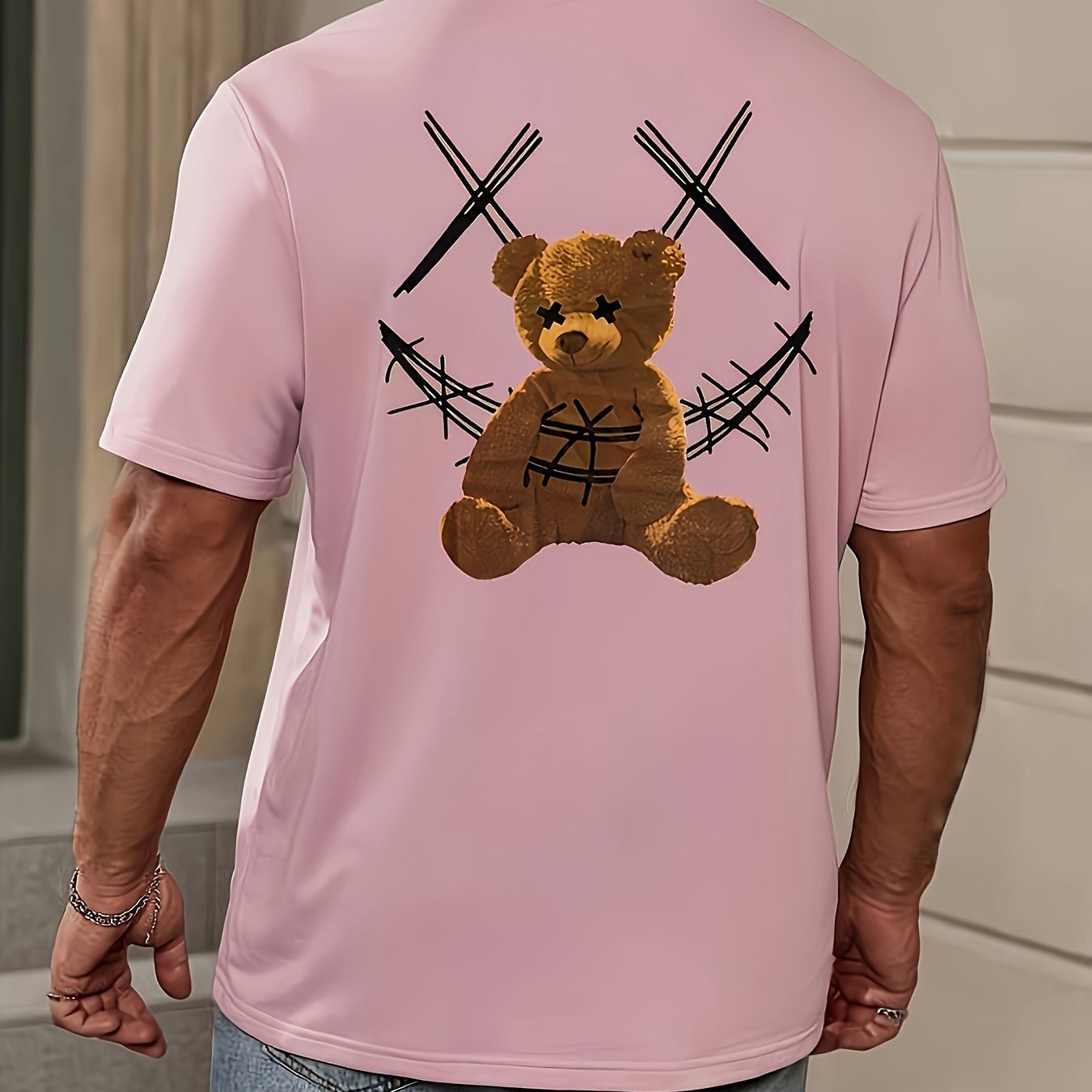 Men's Bear Print T-shirt, Casual Short Sleeved Round Neck T-shirt, Outdoor Men's Clothing