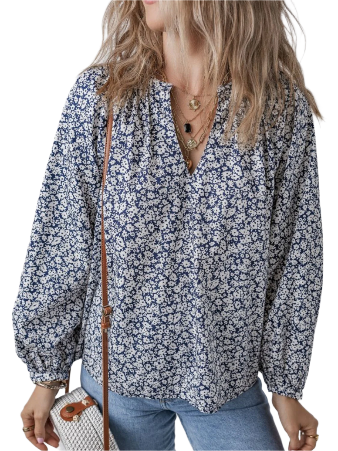 Floral Print Notched Long Sleeve Blouse