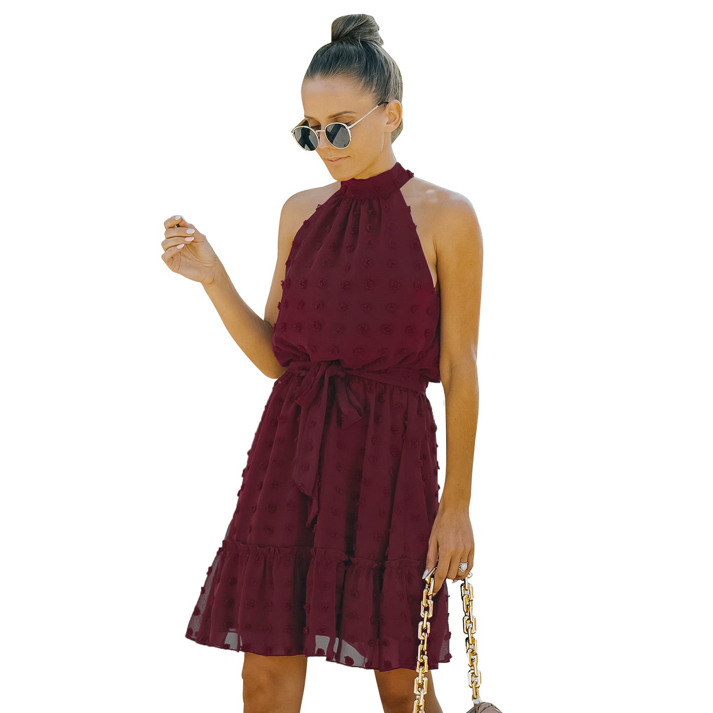 Jacquard Cutout Skirt Halterneck Chiffon Dress