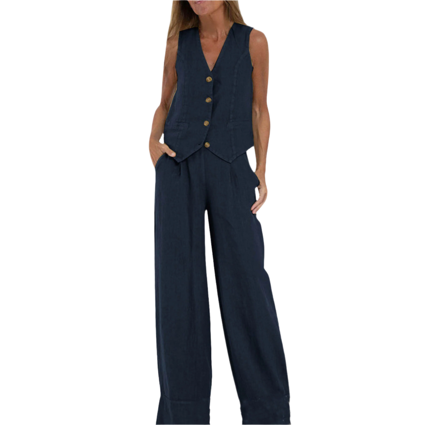 Summer Vest Suits V-neck Botton Sleeveless Top And Loose Straight Trousers Casual Womens Clothing