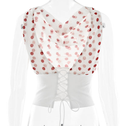 Polka Dots Print Oblique Shoulder Tops Summer Patchwork Chiffon Crop Top Women Sexy Sleeveless Lace Up Backless Blouse Casual Streetwear Tee