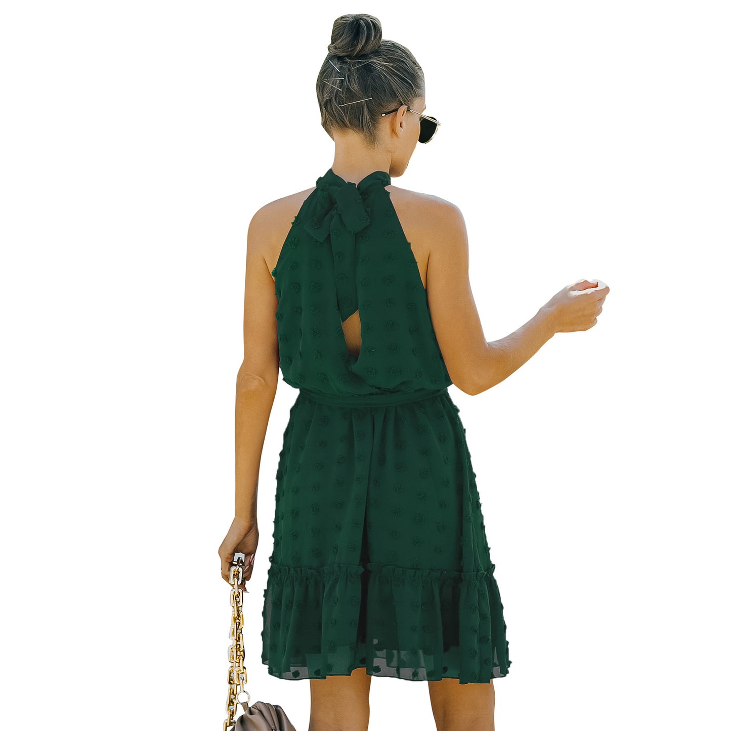 Jacquard Cutout Skirt Halterneck Chiffon Dress