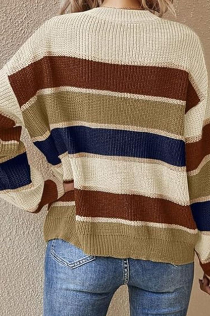 Contrast Striped Round Neck Long Sleeve Sweater