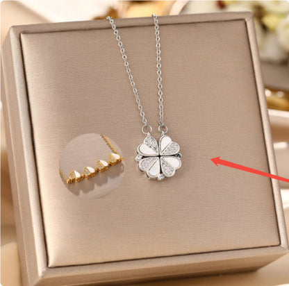 Luxury Four Leaf Clover Pendant Necklace Stainless Steel Crystal Heart Jewelry For Women Gift