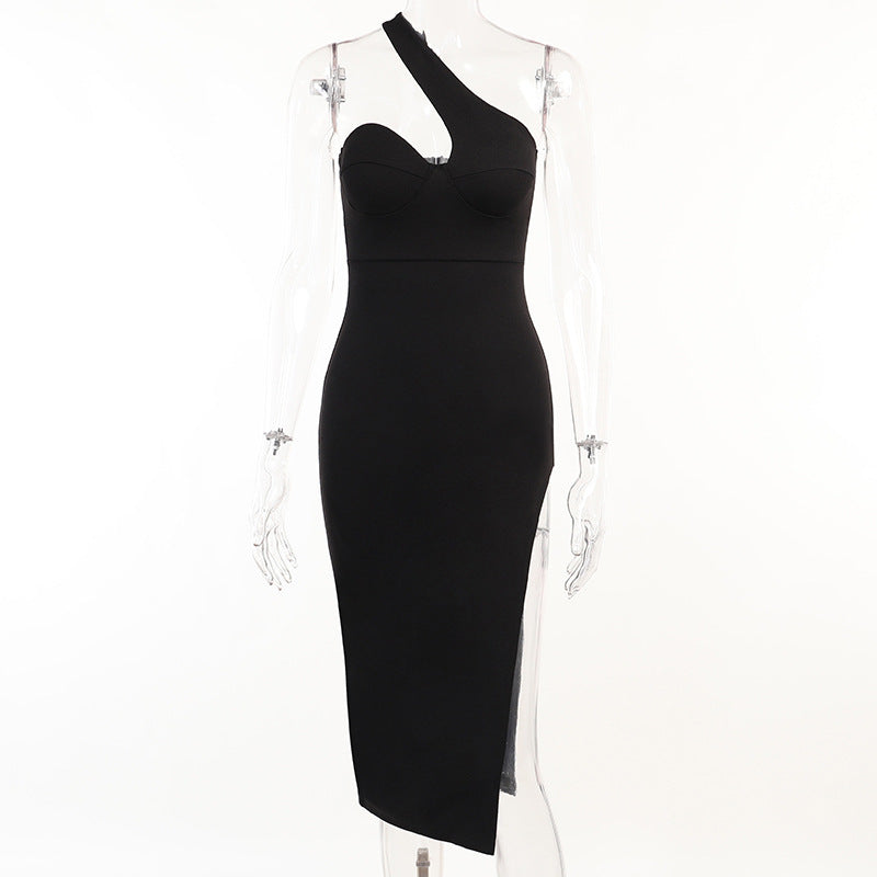 Women's Dress Spring New Sexy Oblique Shoulder Split Chest-flattering Dress