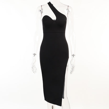 Women's Dress Spring New Sexy Oblique Shoulder Split Chest-flattering Dress