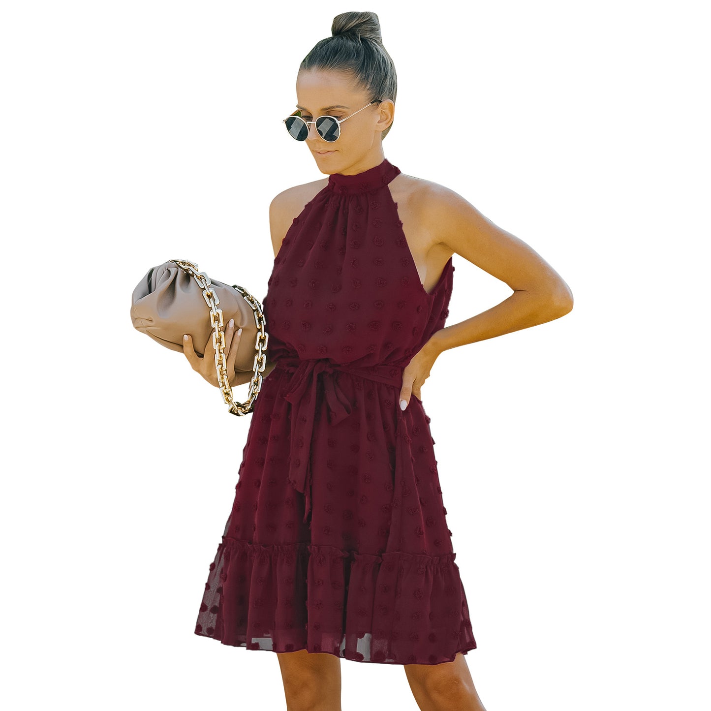 Jacquard Cutout Skirt Halterneck Chiffon Dress