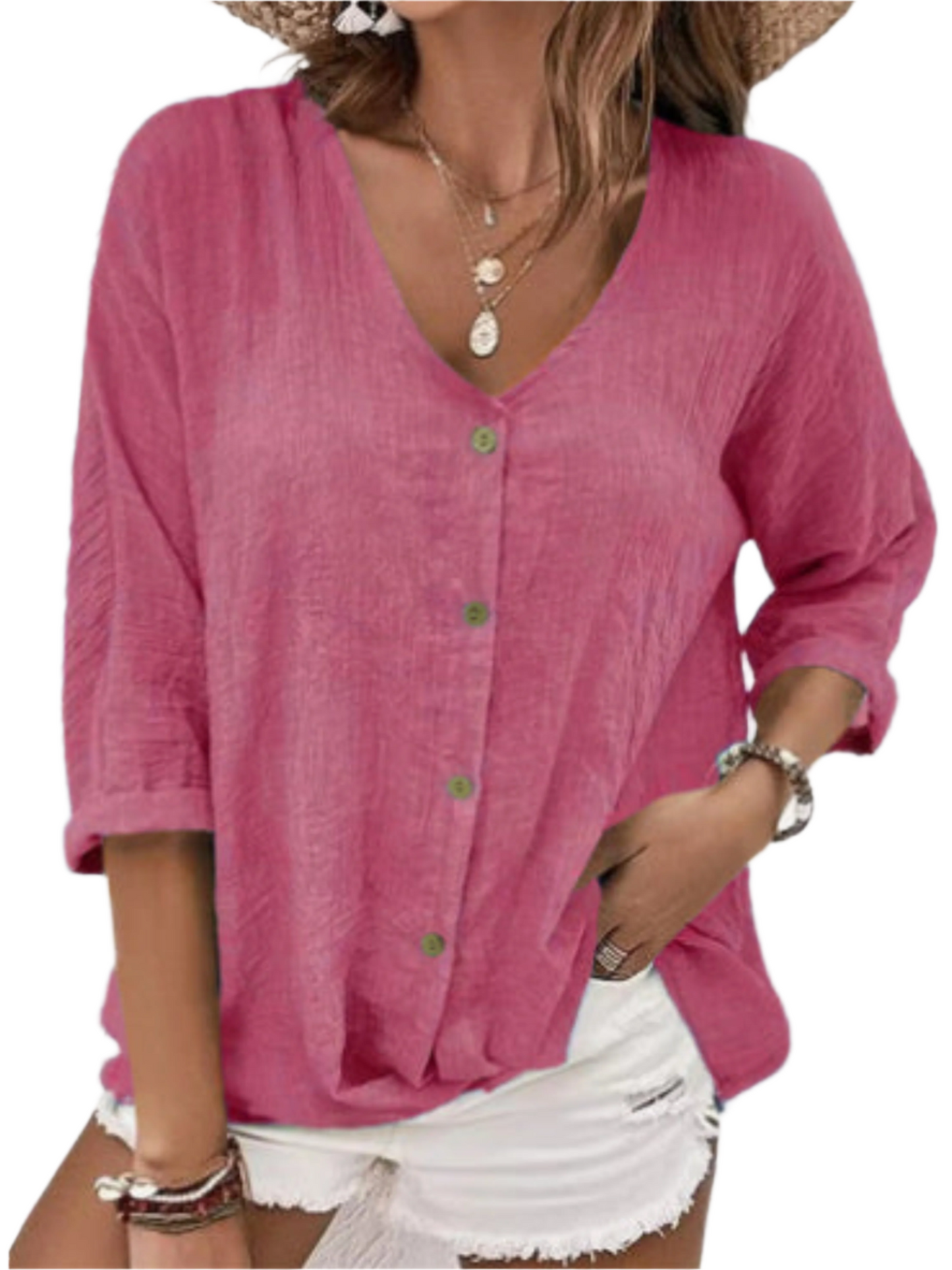 V-neck Long-sleeved T-shirt Fashion Solid Color Button Top Casual Loose Clothing For Women