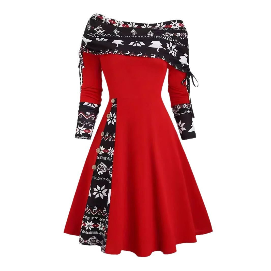 Plus Size Christmas Color Printing Long Sleeve Dress