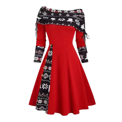 Plus Size Christmas Color Printing Long Sleeve Dress