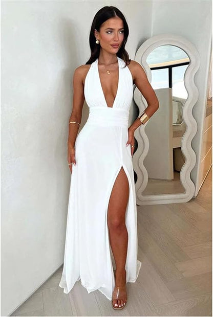 Sexy Halterneck V-neck Slit Dress Summer Backless Strappy Skirt Fashion Temperament Clothing Women
