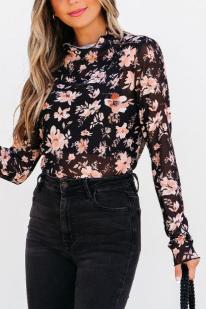 Floral Mock Neck Long Sleeve Blouse