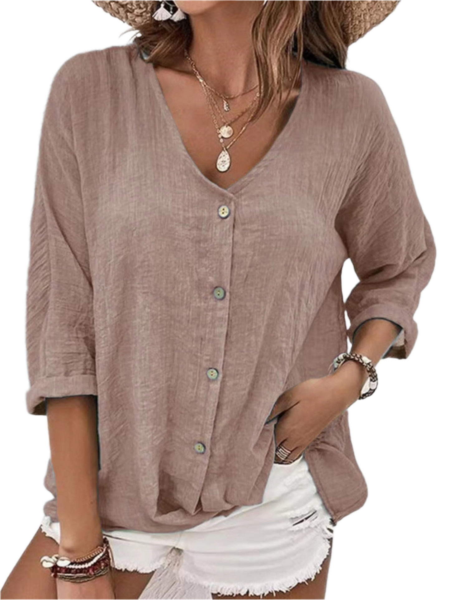 V-neck Long-sleeved T-shirt Fashion Solid Color Button Top Casual Loose Clothing For Women